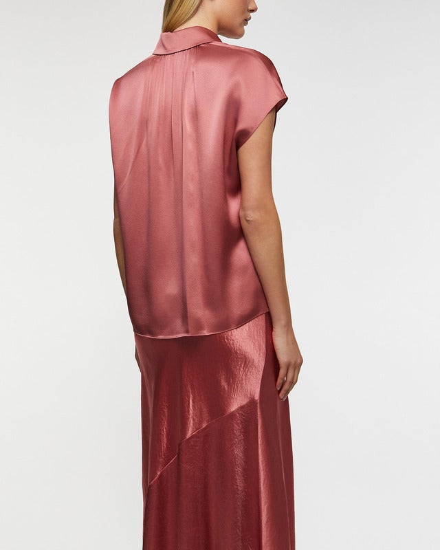Vince Blus Silk Cap-Sleeve Ruched-Back  Wood S