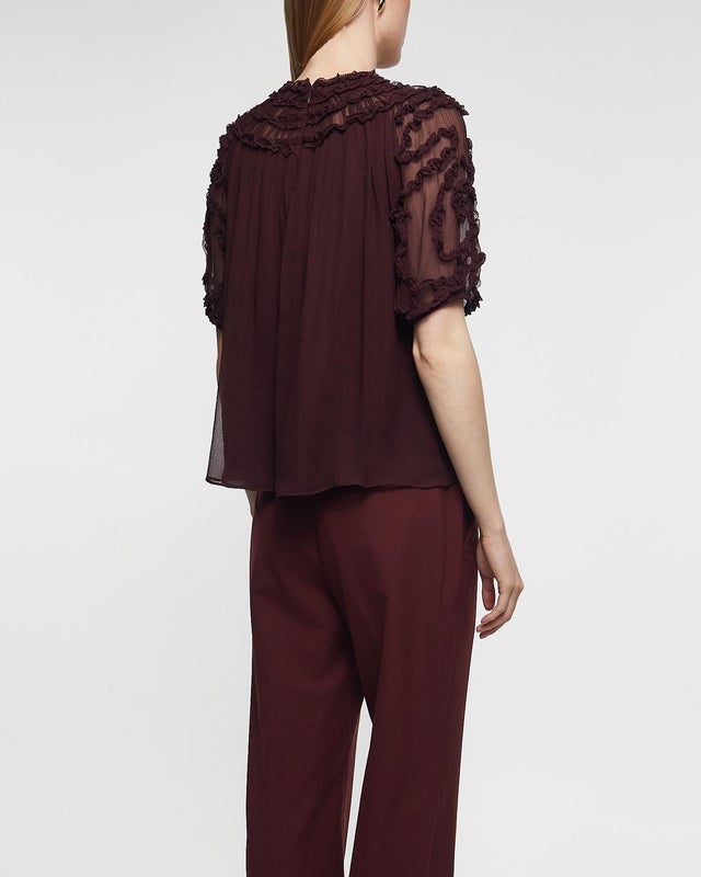 Ulla Johnson Blouse Isolda Silk Smocked Short Sleeve Mahogny US 6 (EUR 38)