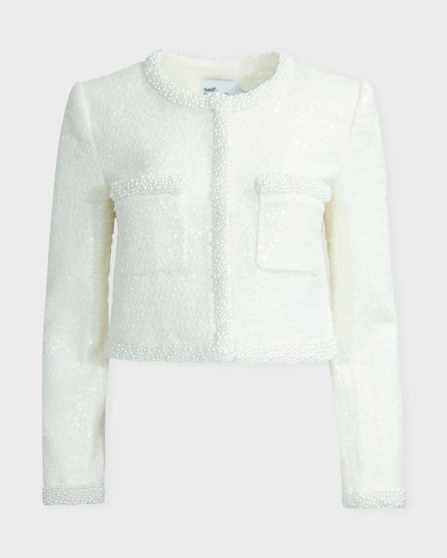 Self-Portrait Jacket Cream Bouclé Pearl Trim Cream UK 6 (EUR 34)