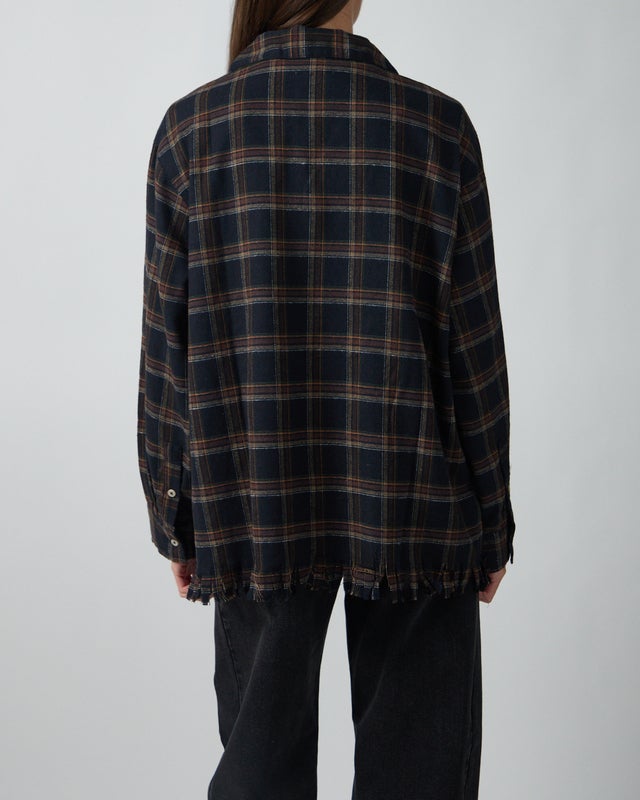 Found Shirt Raw Cut Fringe Plaid Camp Navy L