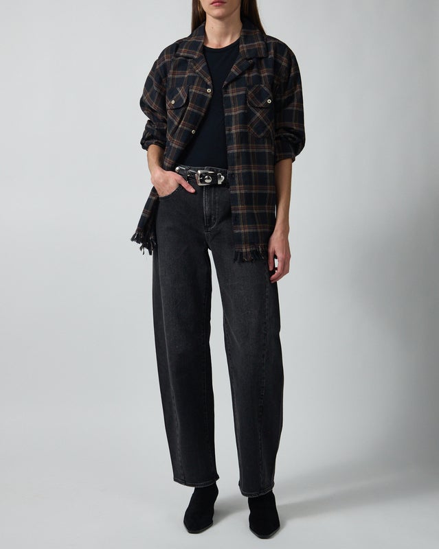 Found Shirt Raw Cut Fringe Plaid Camp Navy L