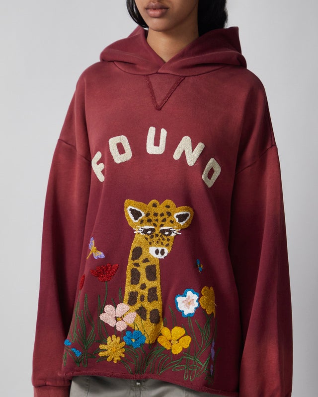 Found Hoodie Wildlife Embroidered Unisex Burgundy XS