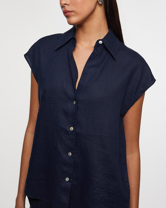 Vince Blus Linen Cap-Sleeve Button-Front Blå XS