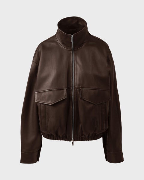Jacket Leather Funnel Neck Dark Brown 1