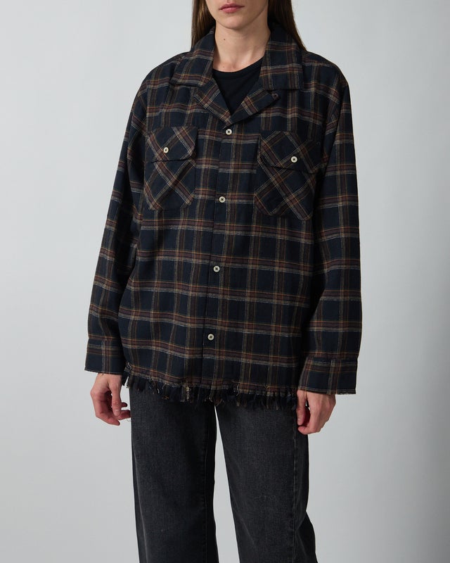 Found Shirt Raw Cut Fringe Plaid Camp Navy L