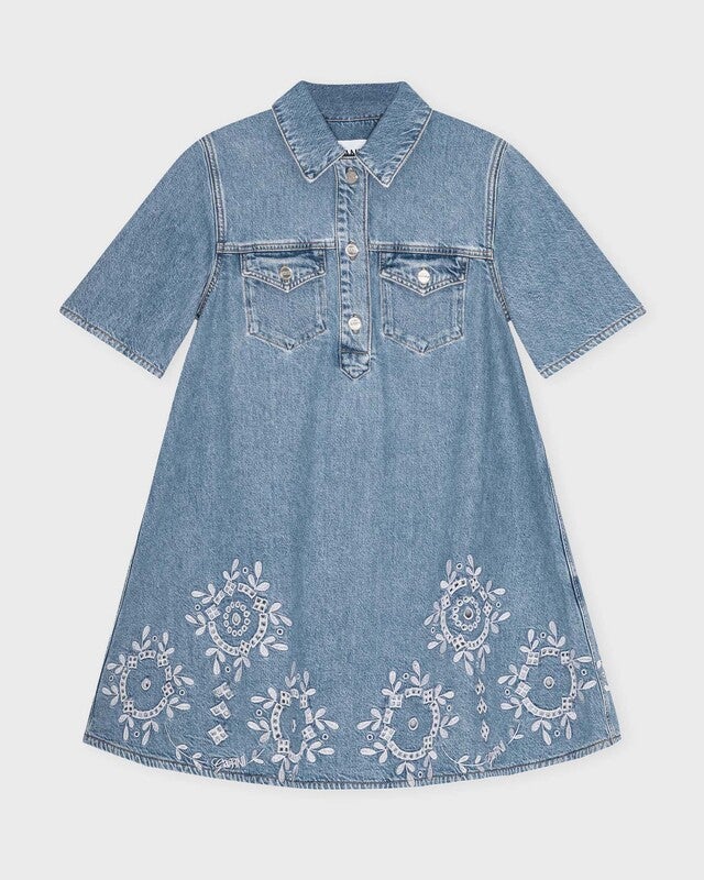 GANNI Klänning  Broderie Anglaise Denim Mini Ljusblå 36