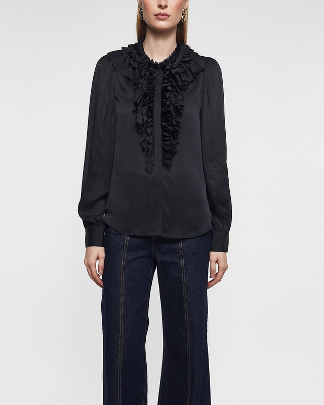 Ulla Johnson Blouse Rouen Silk Ruffle Front Long Sleeve Noir US 4 ( EUR 36)