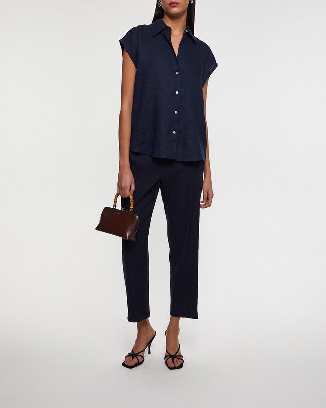 Vince Blus Linen Cap-Sleeve Button-Front Blå XS