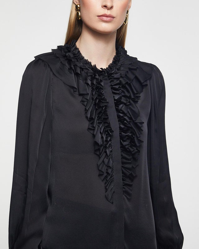 Ulla Johnson Blouse Rouen Silk Ruffle Front Long Sleeve Noir US 4 ( EUR 36)